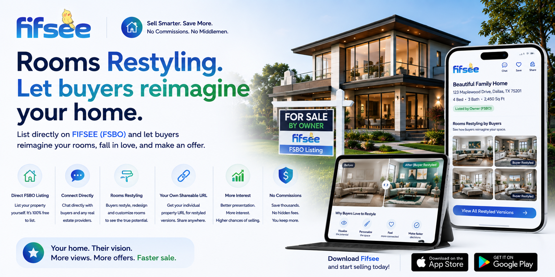 Fifsee Seller banner — FSBO listing, restyle with shareable link, and FIFSCORE for sellers