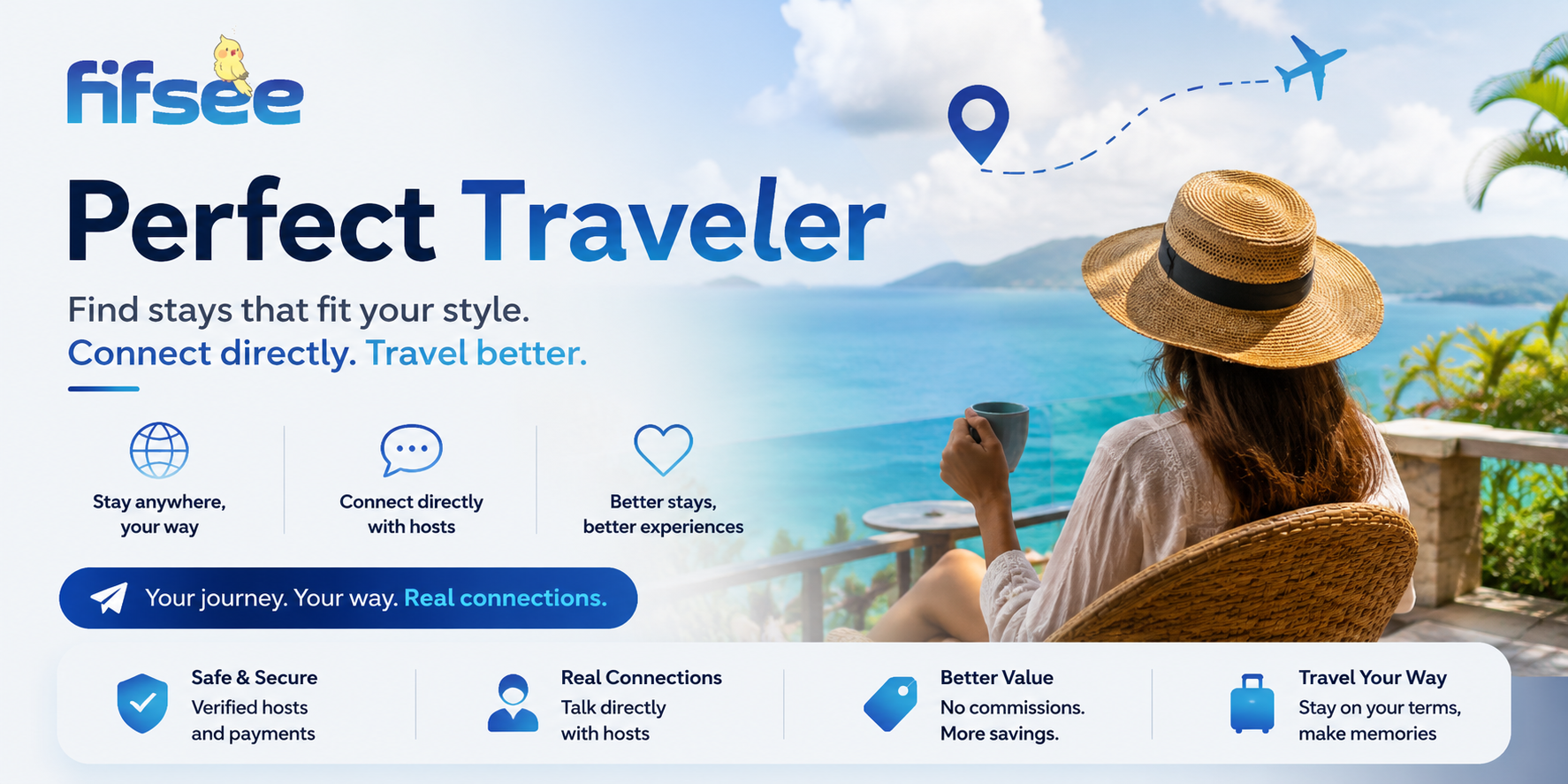 Fifsee Perfect Traveler banner — find stays that fit your style, connect directly, travel better