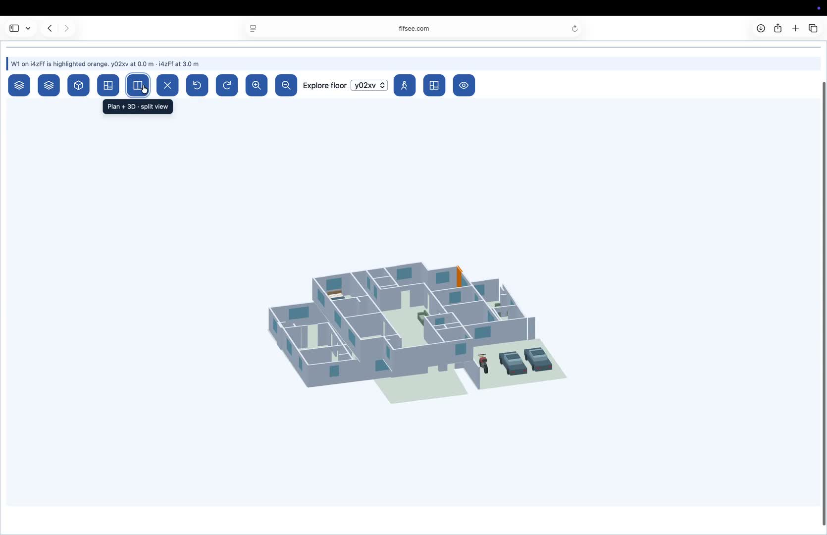 Fifsee 3D floor-plan preview showing a furnished home and garage