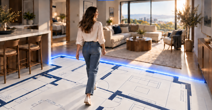 AI concept artwork of a woman walking into a floor plan that becomes a furnished 3D living room, promoting Fifsee’s free floor-plan tools.