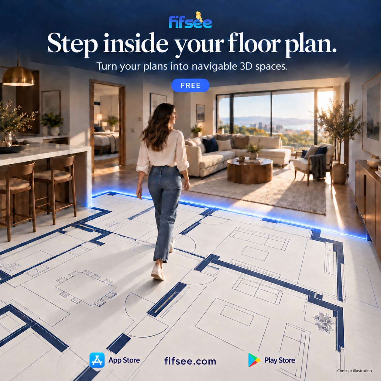 AI concept artwork of a woman walking into a floor plan that becomes a furnished 3D living room, promoting Fifsee’s free floor-plan tools.