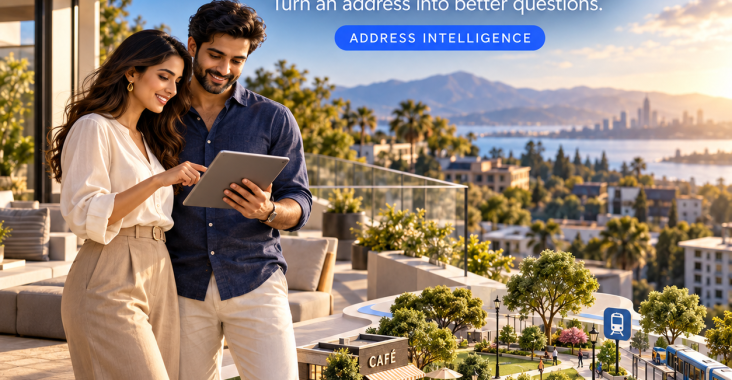 Concept illustration: a couple reviews a tablet on a modern terrace beside a miniature neighborhood. Fifsee banner reads Love the home. Check the everyday.
