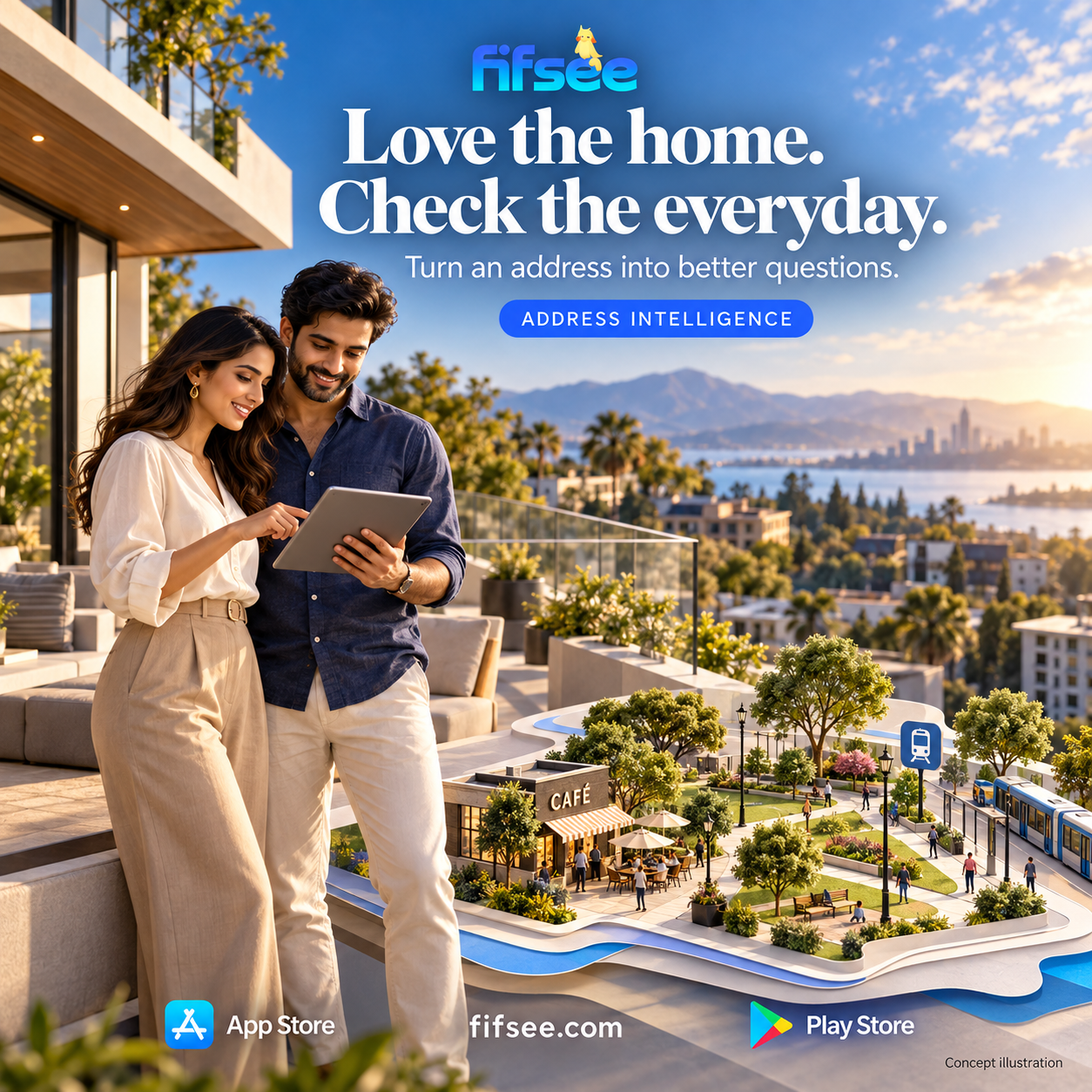 Concept illustration: a couple reviews a tablet on a modern terrace beside a miniature neighborhood. Fifsee banner reads Love the home. Check the everyday.